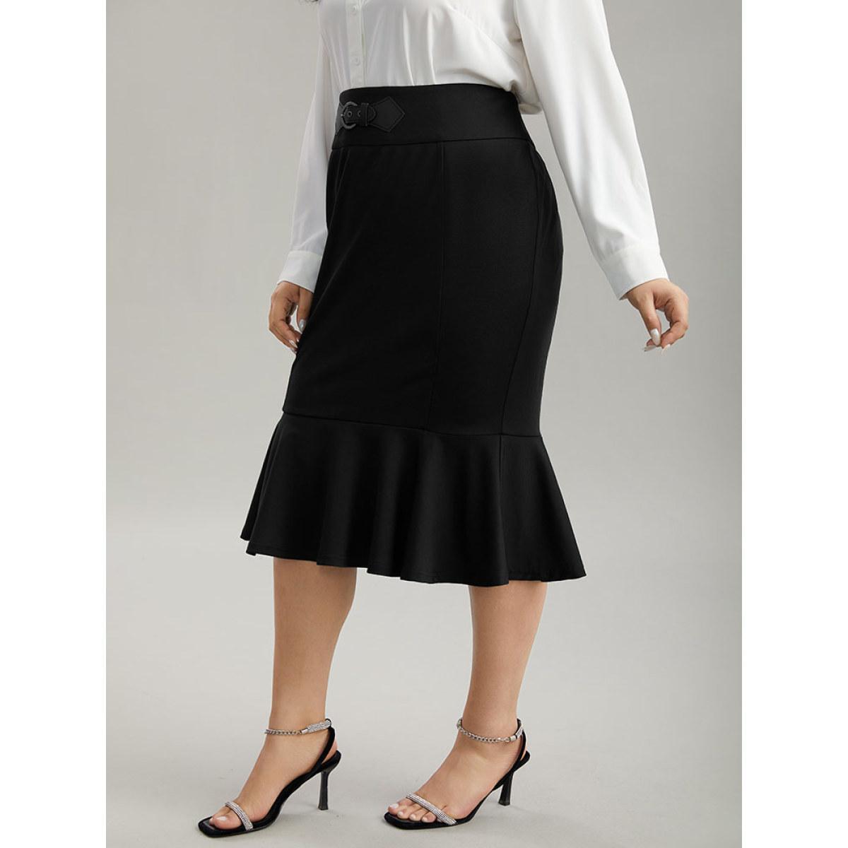 Plus Size Plain Ruffles Buckle Detail Mermaid Hem Skirt Women Black Office Style accents Bodycon Medium stretch Work Skirts BloomChic 12/L Product Image