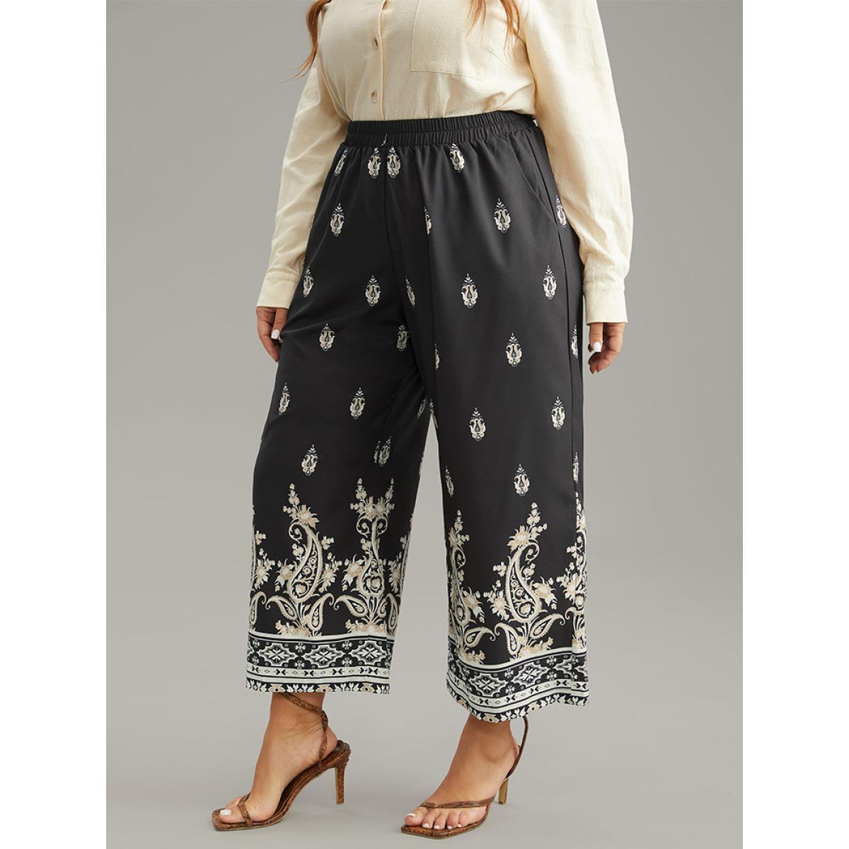 Plus Size Paisley High Rise Elastic Waist Pants Women Black Resort Wide Leg High Rise Vacation Pants BloomChic 14-16/1X Product Image