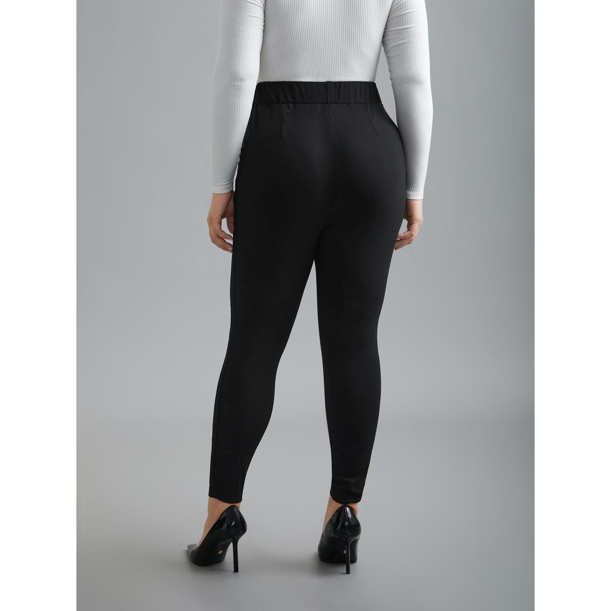 Plus Size Plain Button Detail Skinny Fit Pants Women Black Elegant Skinny Mid Rise Everyday Pants BloomChic 14-16/1X Product Image