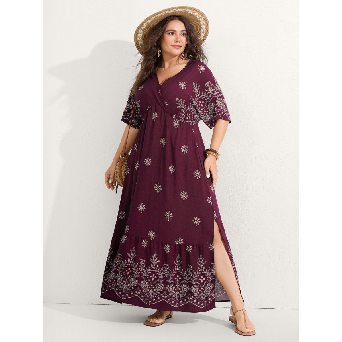 Plus Size Surplice Neck Split Side Pockets Midi Dress Midnight Women Overlapping Overlap Collar Half Sleeve Curvy BloomChic 12/L Product Image