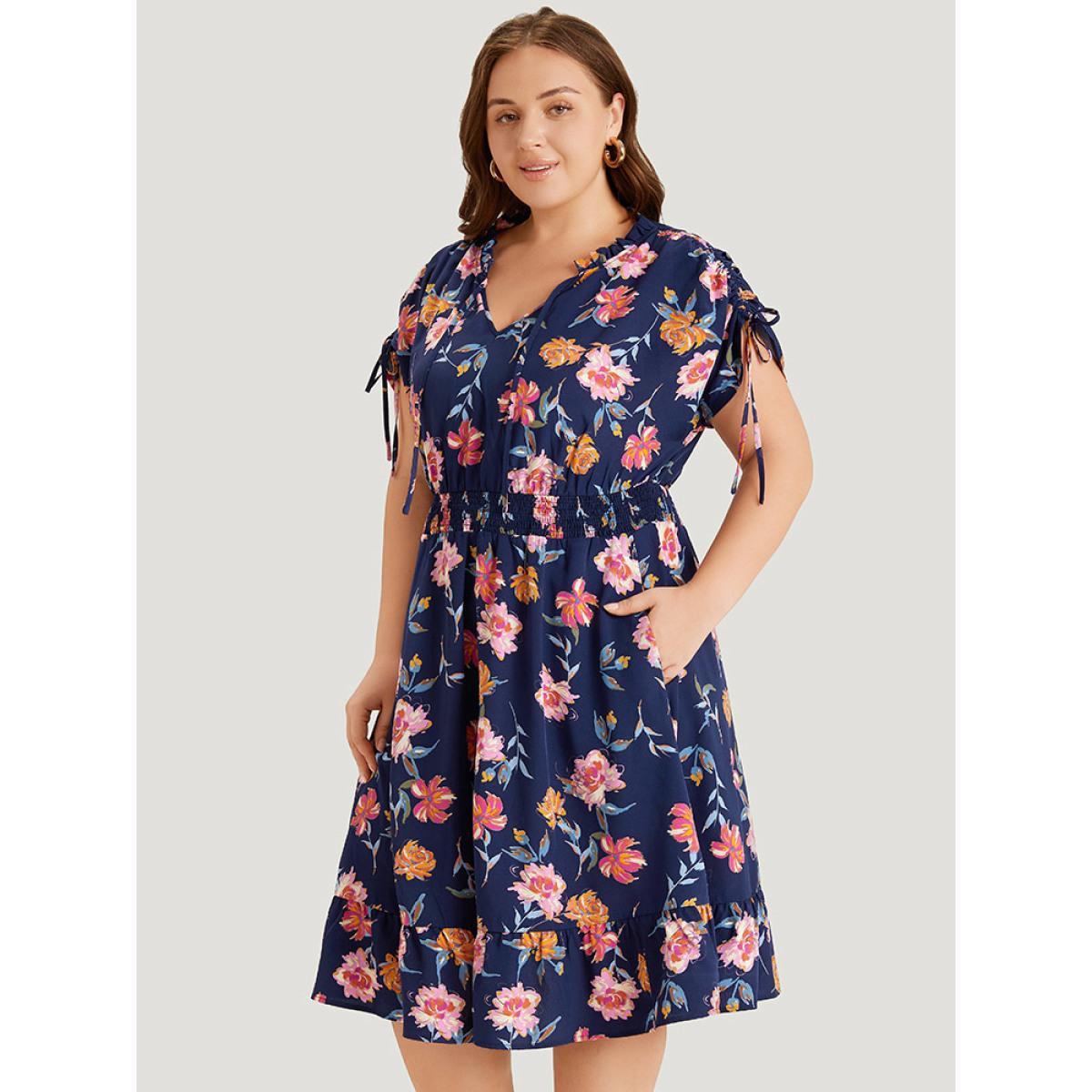 Plus Size Floral Knot Neck Drawstring Dolman Sleeve Shirred Dress Navy Women Elegant Frill Trim V-neck Short sleeve Curvy Midi Dress BloomChic 26/4X Product Image