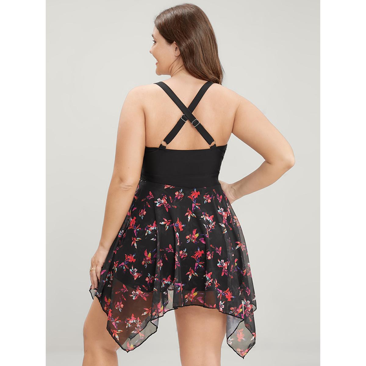 Mesh Adjustable Straps Plus Size Women Tropical Swim Dress Very Stretchy Bodycon Sleeveless V Neck Vacation Swim Dresses BloomChic Product Image