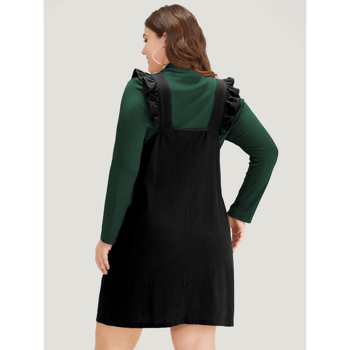 Plus Size Solid Square Neck Button Up Pocket Ruffle Trim Cami Dress Black Women Casual Plain Spaghetti Strap Sleeveless Curvy Knee Dress BloomChic 10/M Product Image