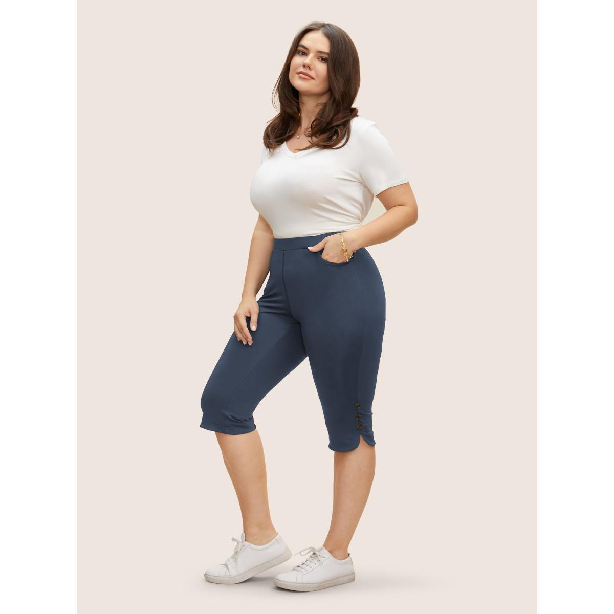 Plus Size Medium Stretch Button Detail Split Side Leggings Women Stone Casual Medium stretch Skinny Mid Rise Everyday Leggings BloomChic 28/5X Product Image