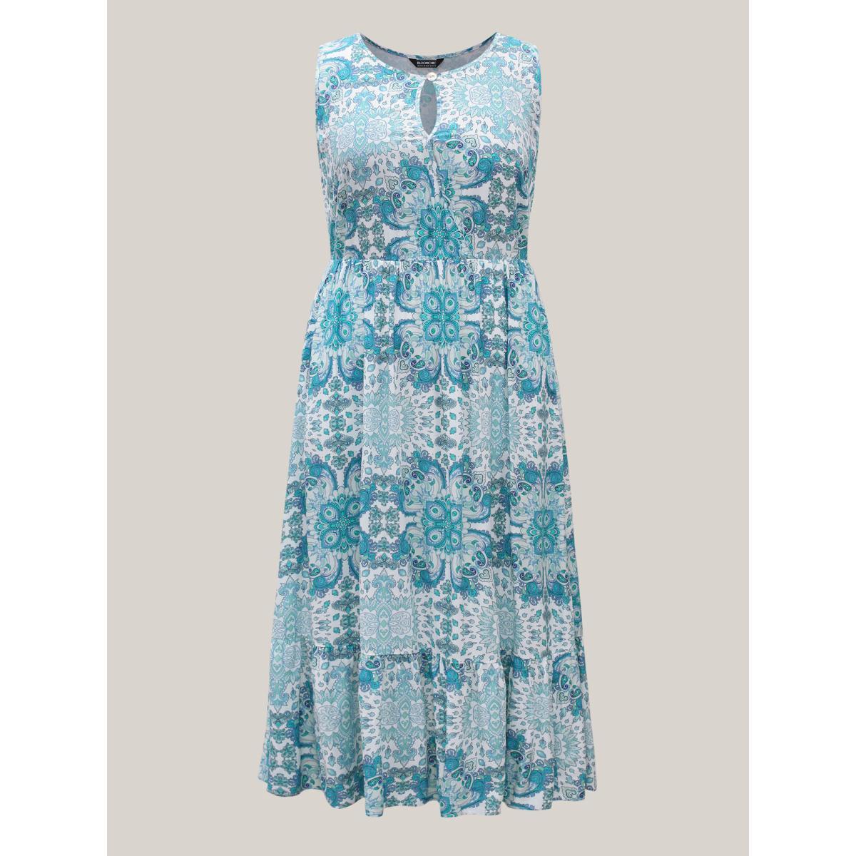 Plus Size Rayon Paisley Print Layered Midi Dress Arctic Women Round Neck Sleeveless Curvy BloomChic 26/4X Product Image