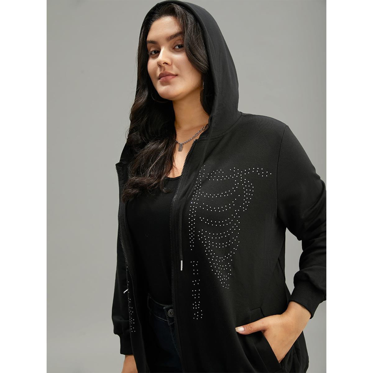 Plus Size Halloween Print Rhinestone Drawstring Hooded Zipper Sweatshirt Women Black Casual Rhinestone detailing Hooded Festival-Halloween Sweatshirts BloomChic 14-16/1X Product Image
