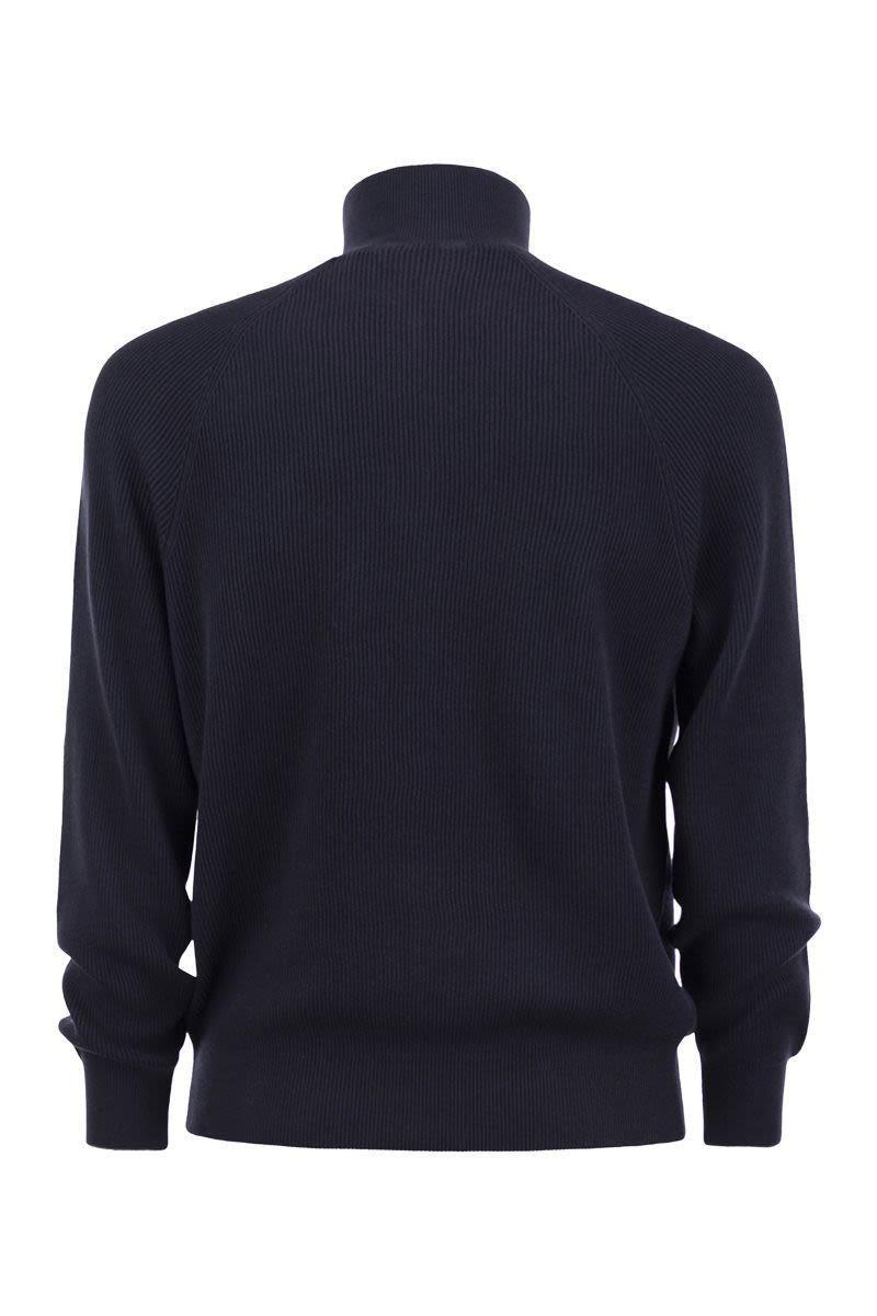BRUNELLO CUCINELLI Cotton Rib Sweater With Zip Opening And Raglan Sleeve In Navy Product Image