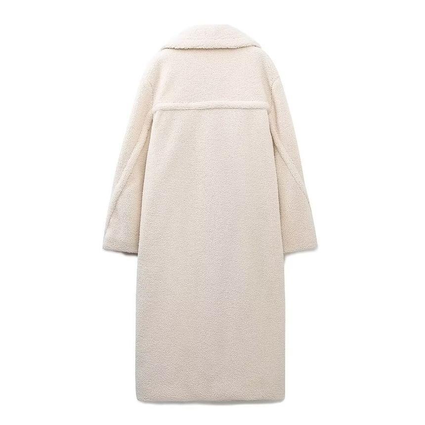 Lapel Collar Plain Fleece Midi Double-Breasted Coat Product Image