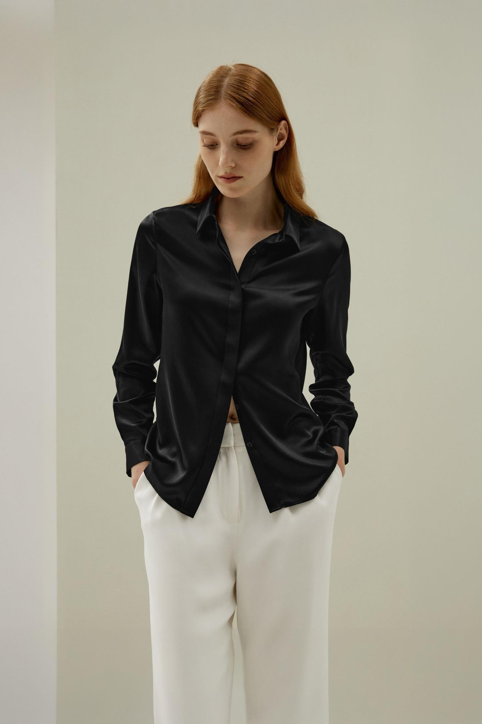 Basic Concealed Placket Silk Shirt Product Image