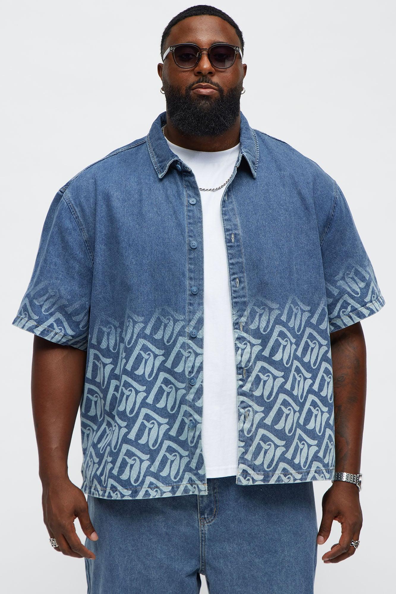 Boxy Cropped Chateau Monogram Denim Shirt - Light Blue Wash Male Product Image