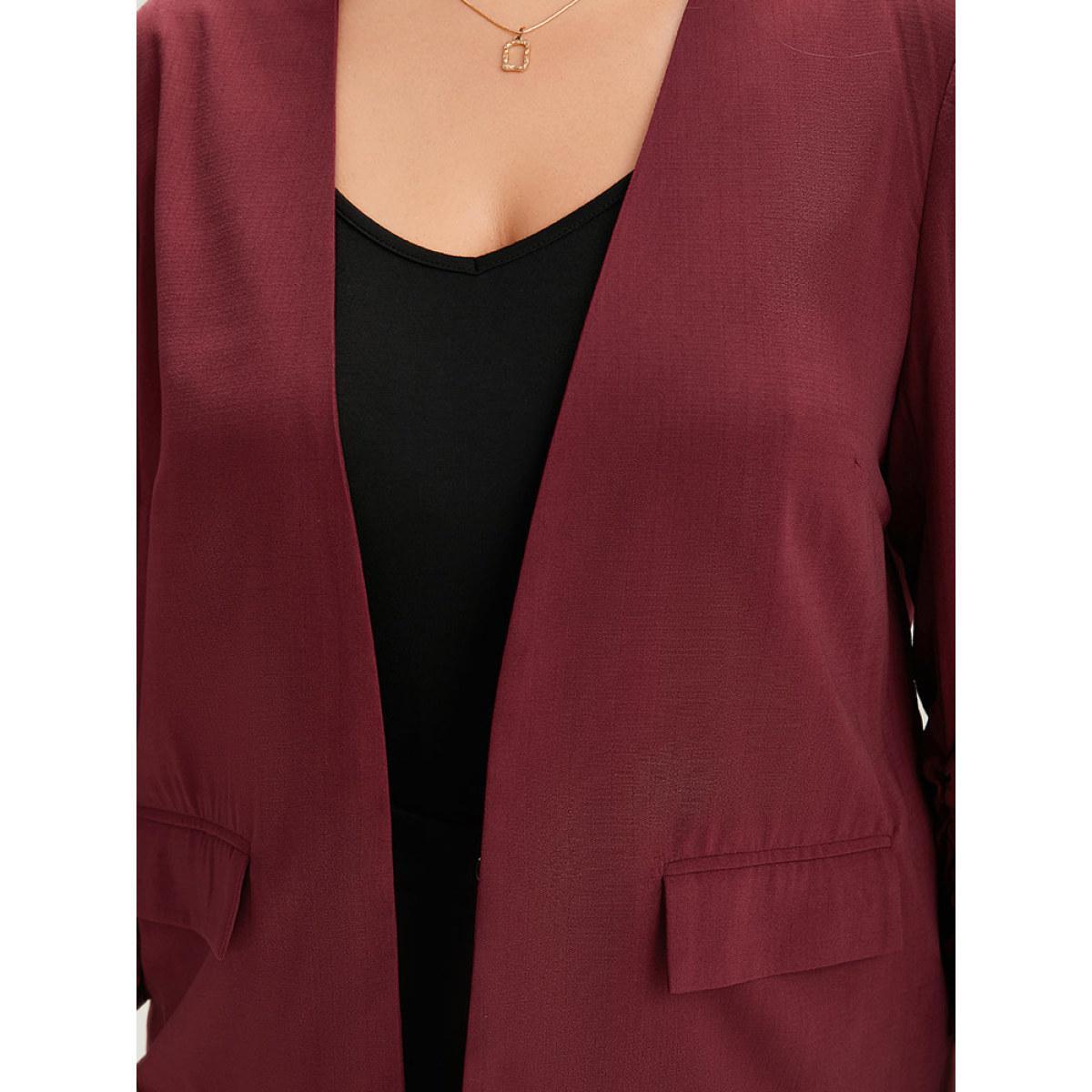 Plus Size Plain Pocket Open Front Gathered Blazer Scarlet Women Work Plain Elastic cuffs Sleeve Long Sleeve Open Front 30/6X Pocket Office Blazers BloomChic Product Image