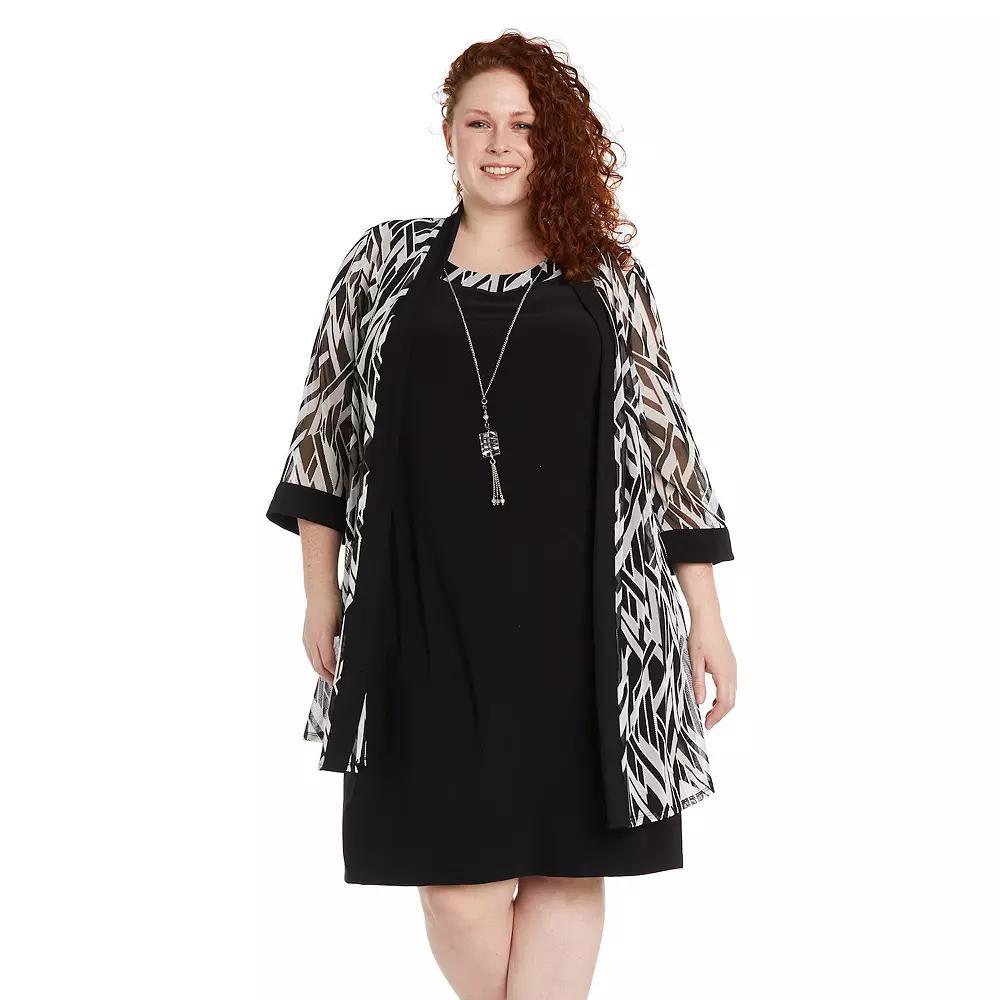 Plus Size R&M Richards 3-Piece Printed Chiffon Duster & Jersey Dress with Detachable Necklace, Women's, Size: 20 W, Black White Product Image