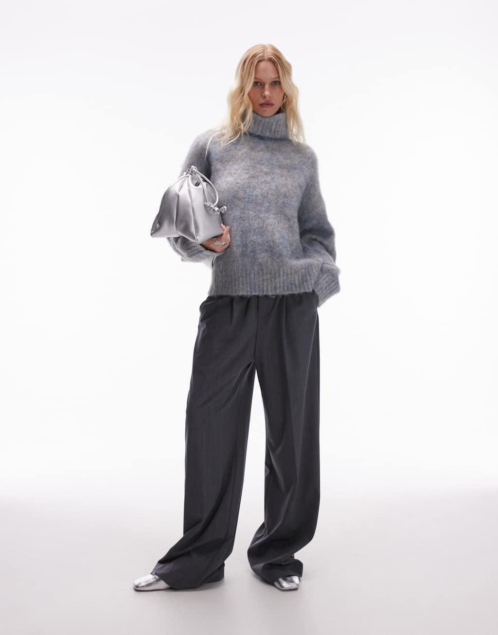 Topshop knitted super fluffy roll neck oversized sweater in multi Product Image