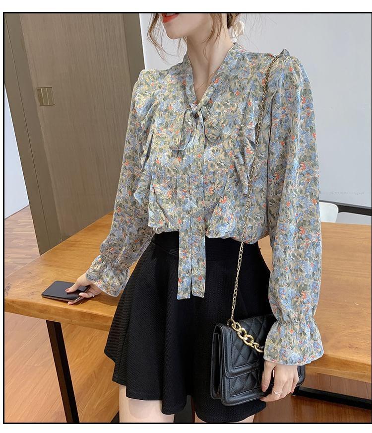 Long-Sleeve Tie-Neck Floral Print Ruffle Trim Blouse Product Image