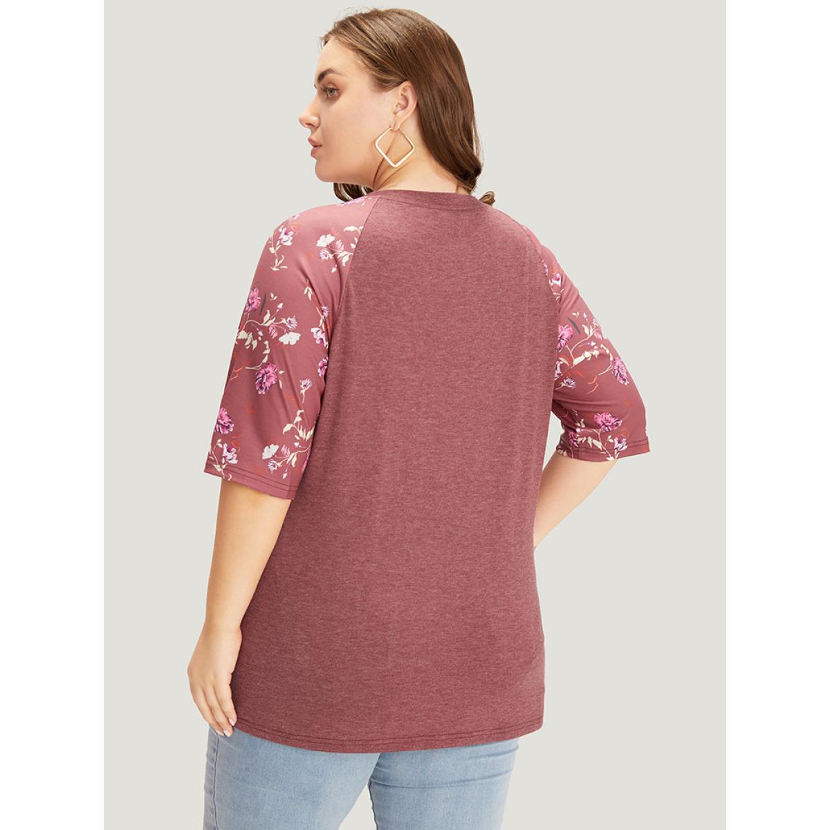Plus Size Floral Patchwork Raglan Sleeve T-shirt Russet Women Elegant Patchwork Floral V-neck Work T-shirts BloomChic 12/L Product Image