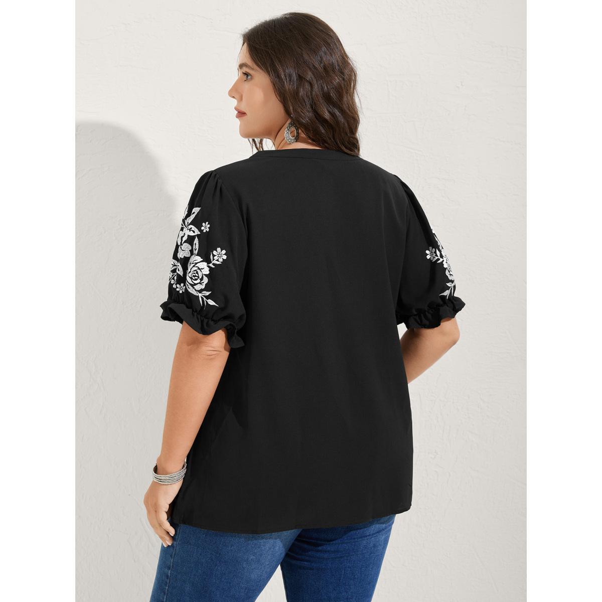 Plus Size Black Notched Collar Embroidered Ruffled Blouse Women Half Sleeve Flat collar with V-notch Everyday-Elegant Blouses BloomChic 12/L Product Image