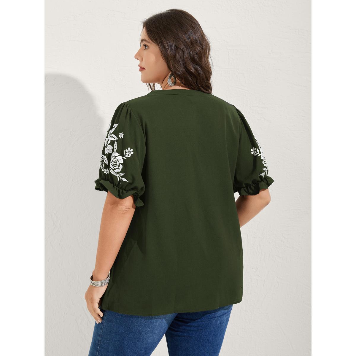Plus Size ArmyGreen Notched Collar Embroidered Ruffled Blouse Women Half Sleeve Flat collar with V-notch Everyday-Elegant Blouses BloomChic 12/L Product Image