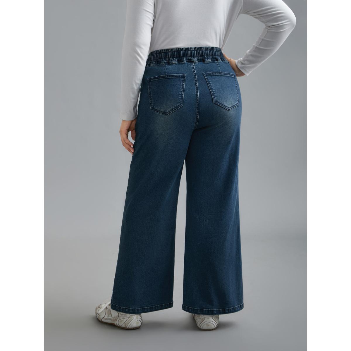Plus Size Drawstring Stretchy Waist Pocket Jeans Women Denimindigo Casual Drawstring Medium stretch Slanted pocket Jeans BloomChic 26/4X Product Image