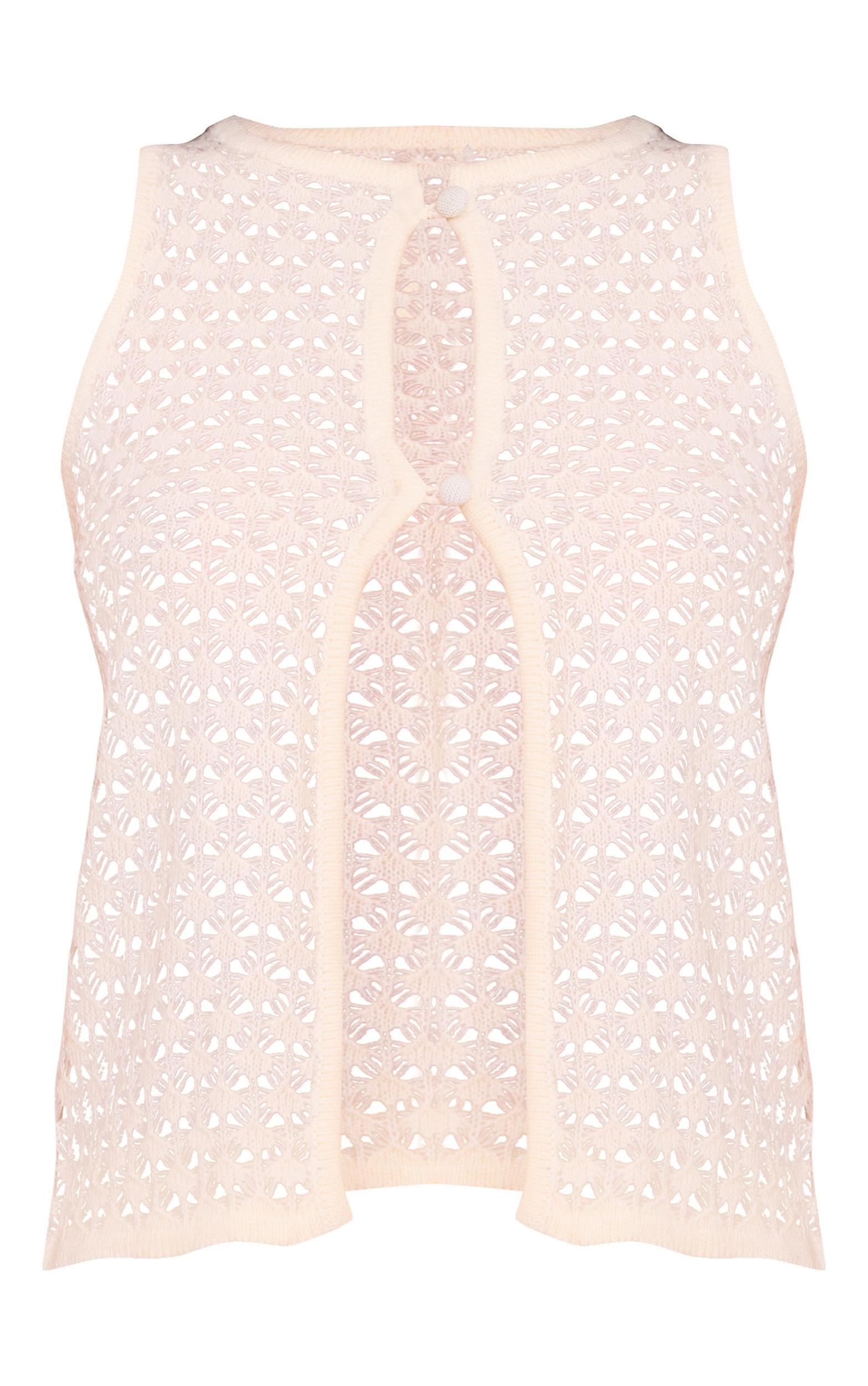  Ecru Crochet Knit Cut Out Pearled Button Vest Top Product Image