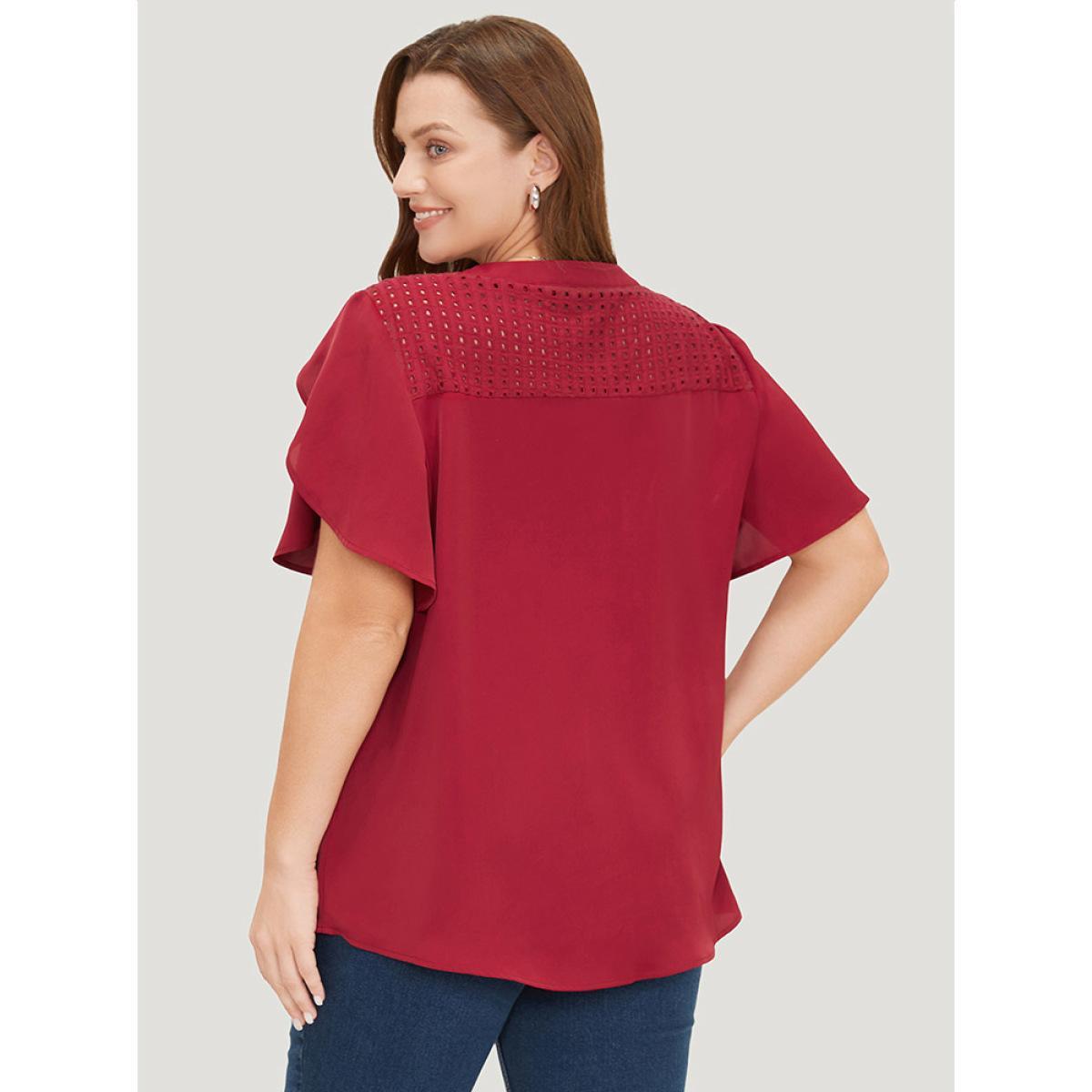 Plus Size Burgundy Plain Patchwork Cut Out Petal Sleeve Blouse Women Office Short sleeve Round Neck Work Blouses BloomChic 12/L Product Image