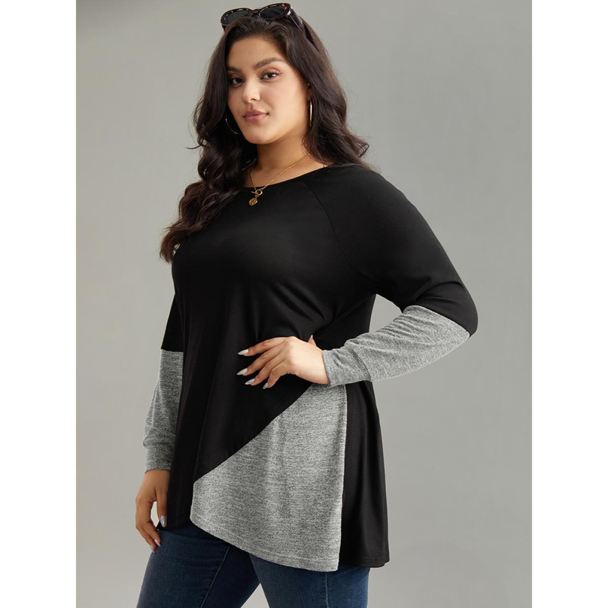 Plus Size Two Tone Patchwork Heather Arc Hem T-shirt Gray Women Casual Contrast Plain Round Neck Dailywear T-shirts BloomChic 12/L Product Image