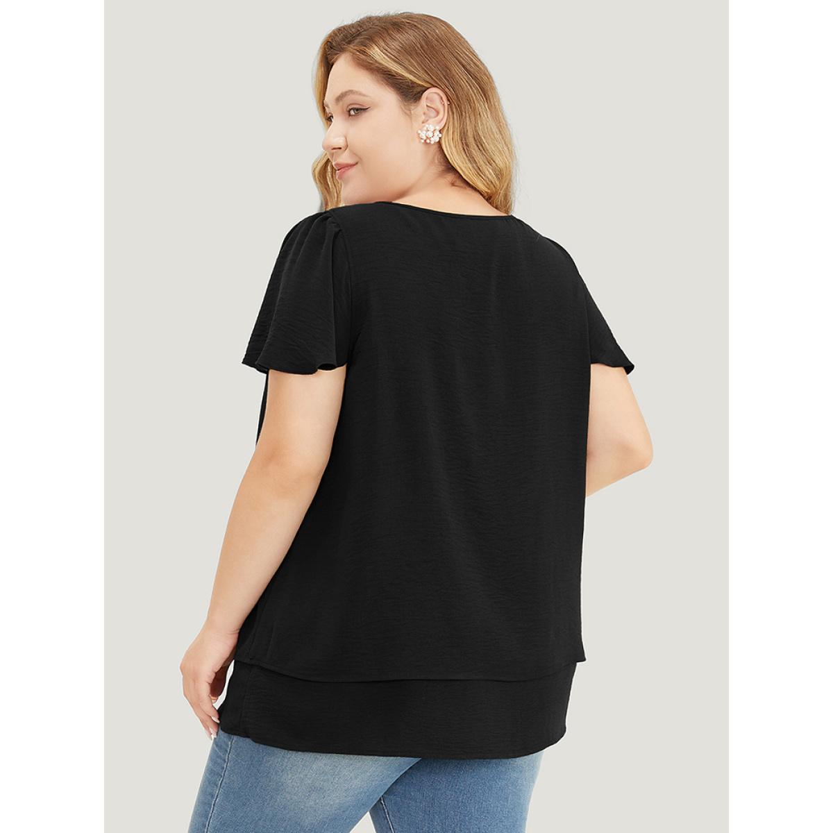 Plus Size Black Solid Flutter Sleeve Keyhole Layered Hem Blouse Women Office Short sleeve V-neck Work Blouses BloomChic 22-24/3X Product Image