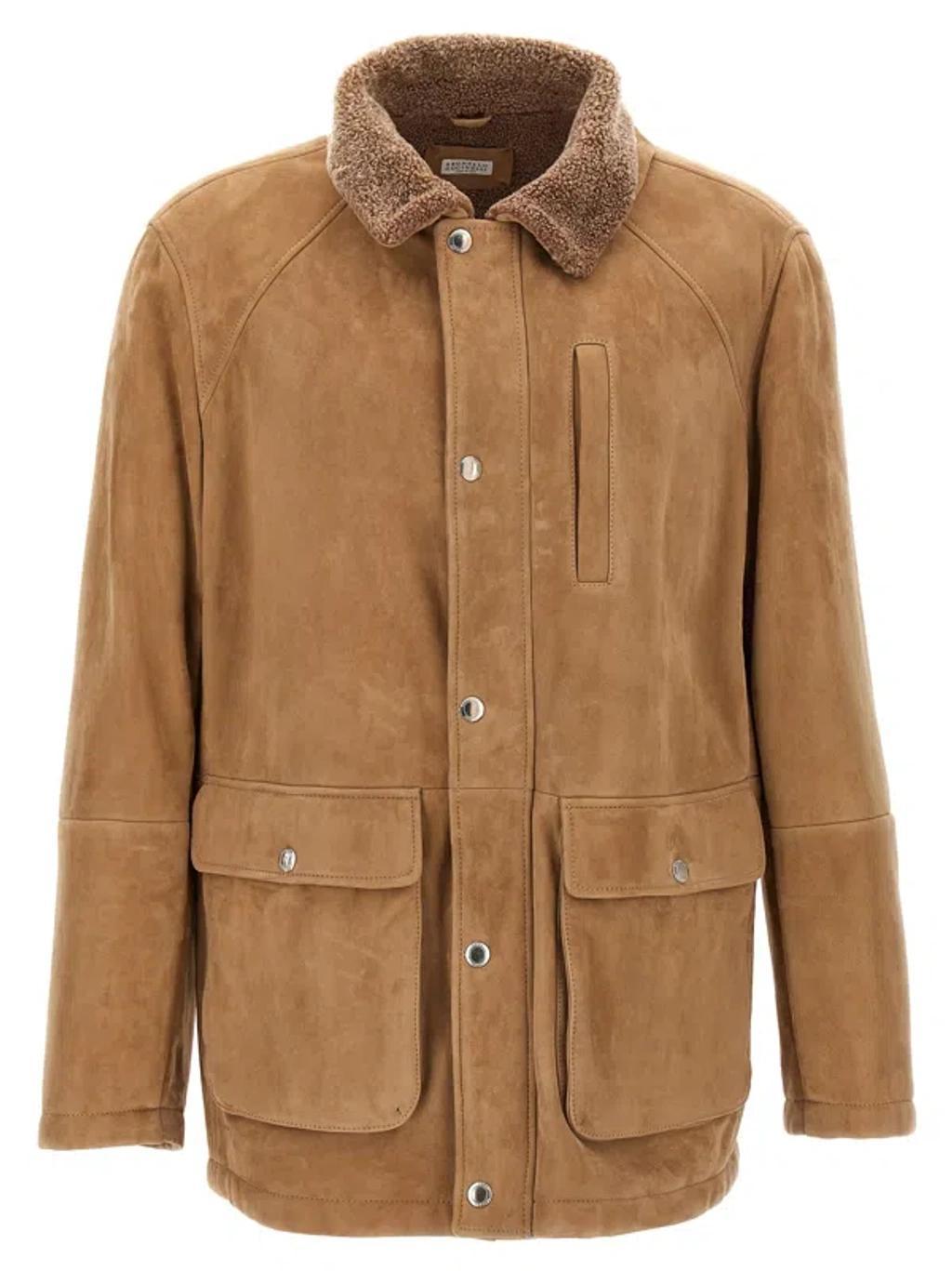 BRUNELLO CUCINELLI Shearling-collar Leather Jacket In Beige Product Image