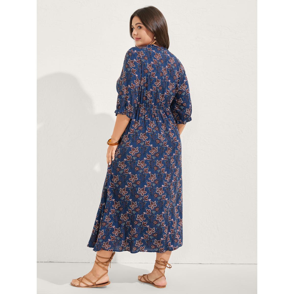 Plus Size Boho Floral Neck Tie Midi Dress DarkBlue Women Notched collar Half Sleeve Curvy BloomChic 12/L Product Image