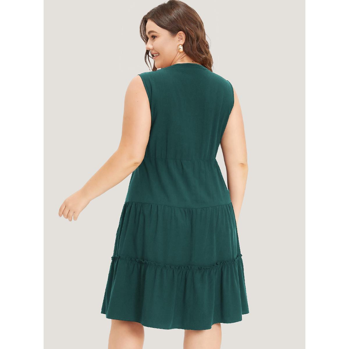 Plus Size Supersoft Essentials Notched Ruffle Layered Hem Sleeveless Dress Green Women Elegant Gathered V-neck Sleeveless Curvy Midi Dress BloomChic 22-24/3X Product Image