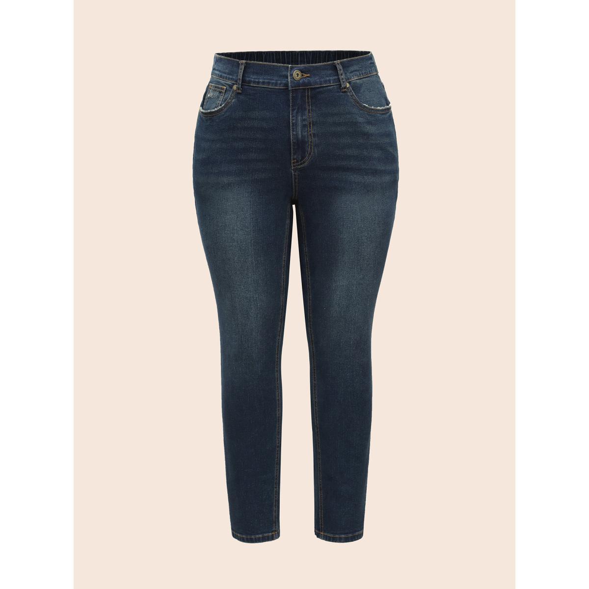 Plus Size Stretch Denim Pocket Distressing Slim-Fit Jeans Women Bluevintage Casual Button Medium stretch Slanted pocket Jeans BloomChic 30/6X Product Image