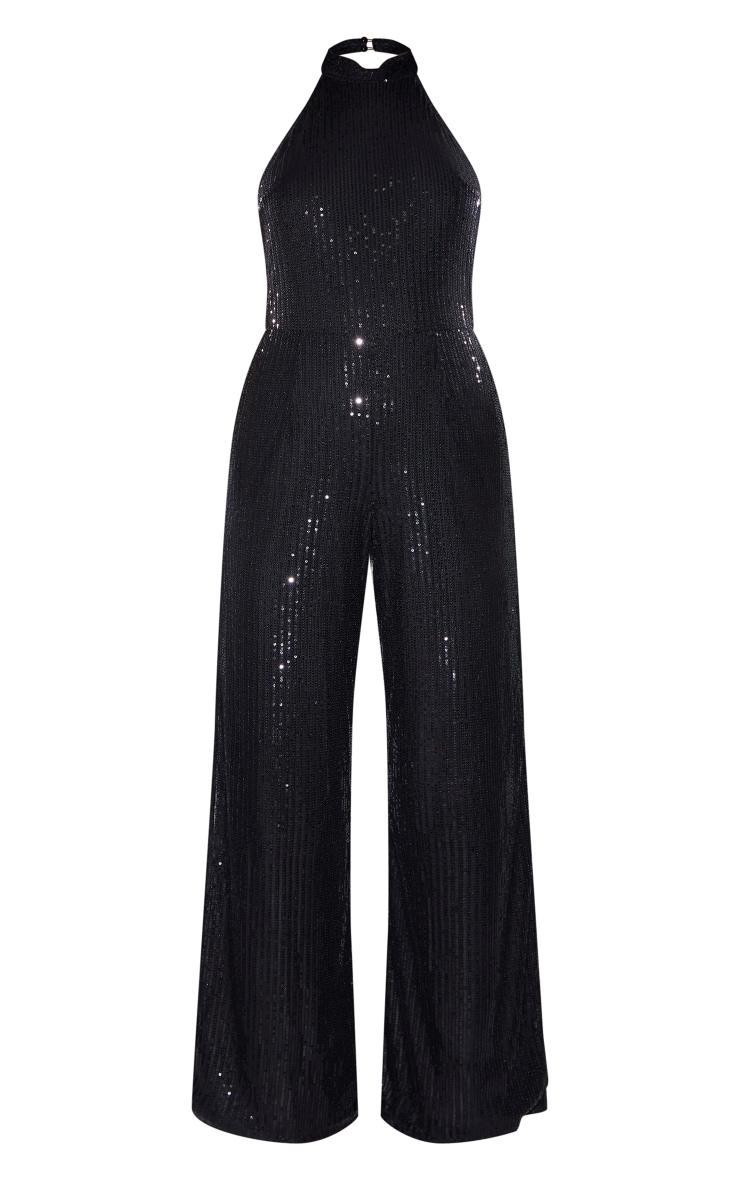 Black Sequin Halterneck Flared Backless Jumpsuit Product Image