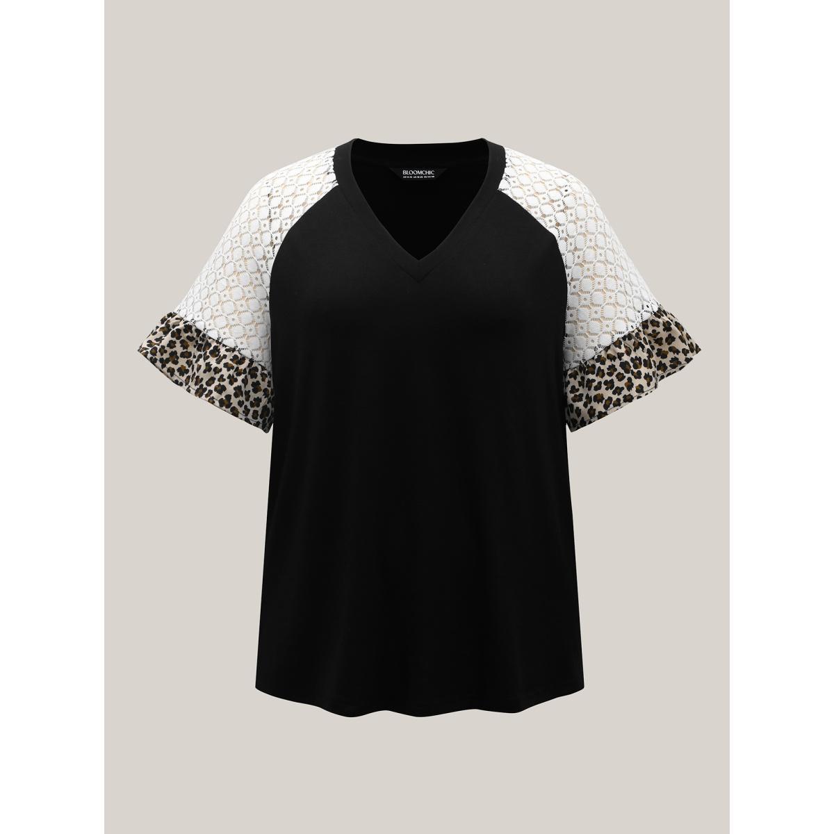 Plus Size Textured Leopard Print Contrast Plain T-Shirt Black Women Casual See through V-neck Everyday-Casual T-shirts BloomChic 28/5X Product Image