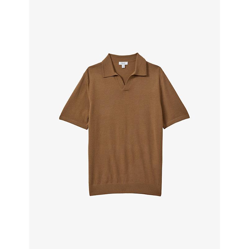 REISS Mens Tobacco Brown Duchie Open-neck Wool Polo Shirt Product Image