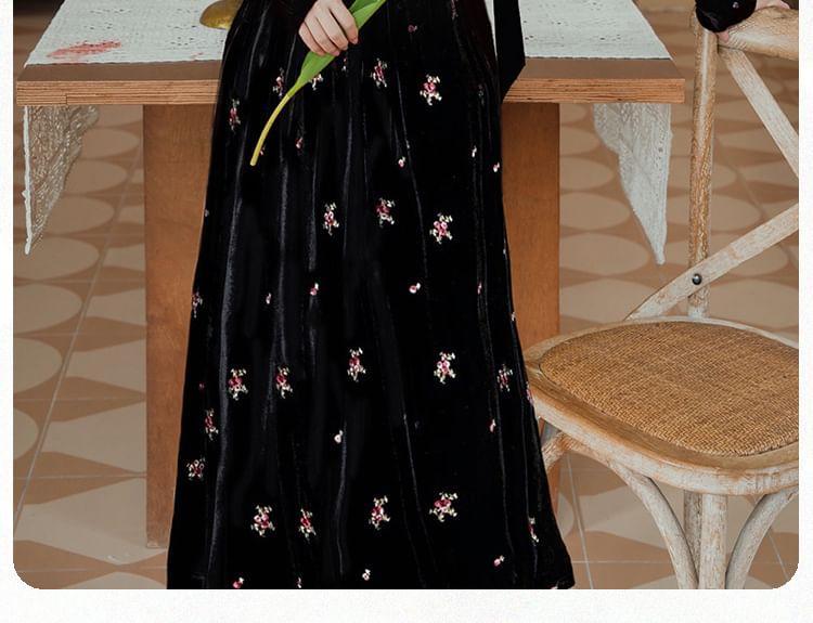 Long-Sleeve Cutout Velvet Maxi A-Line Dress Product Image
