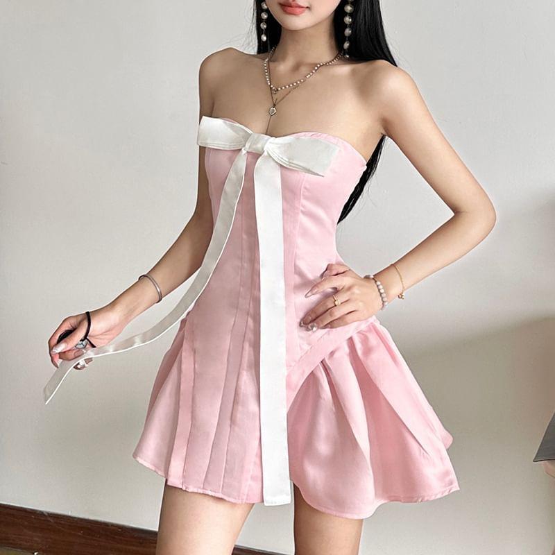 Bow Panel Satin Mini A-Line Tube Dress Product Image