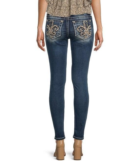 Miss Me Mid Rise Turquoise Stud Fleur-De-Lis Skinny Jeans Product Image