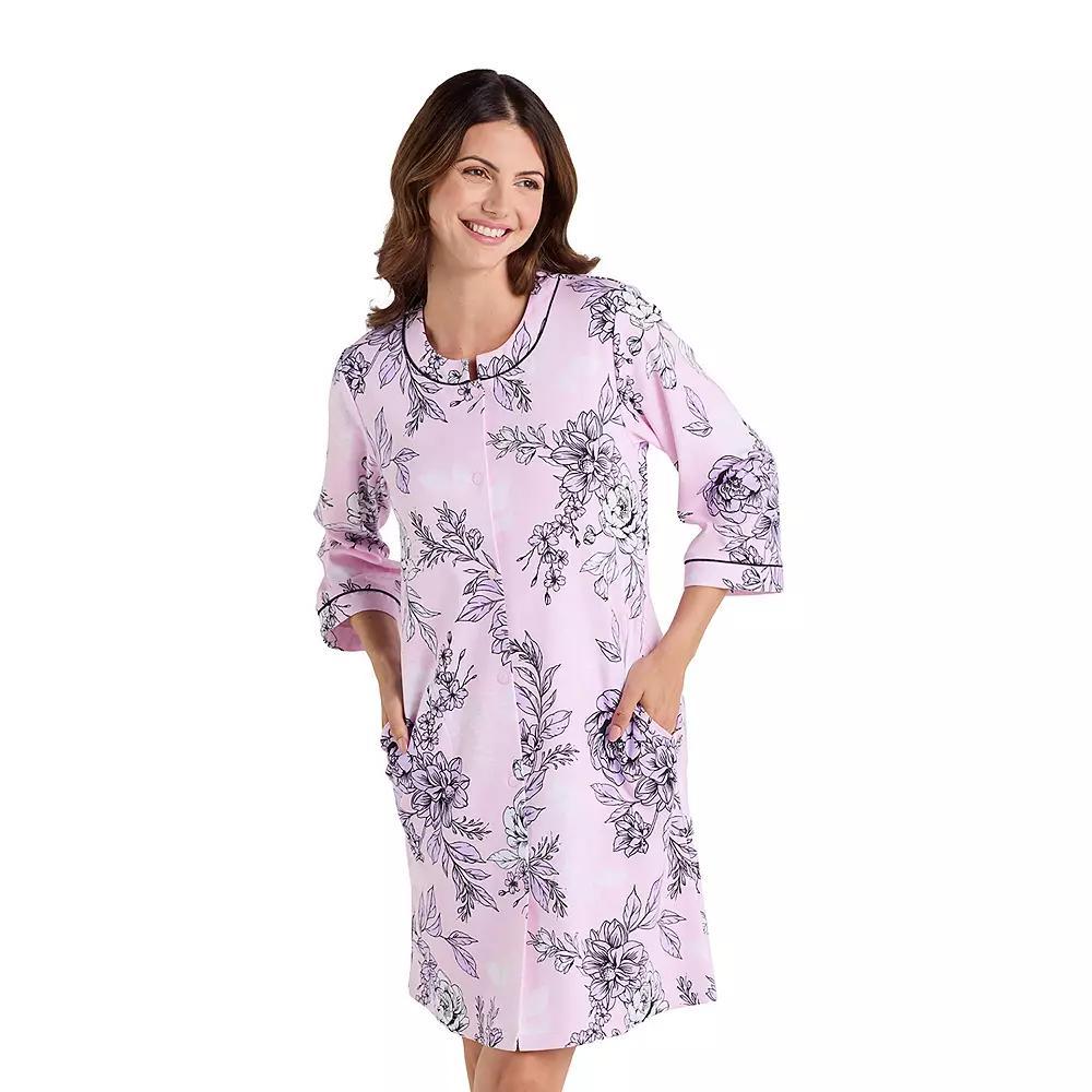 Women's Miss Elaine Essentials Interlock Knit Short Snap Robe, Size: Large, Pink Print Product Image