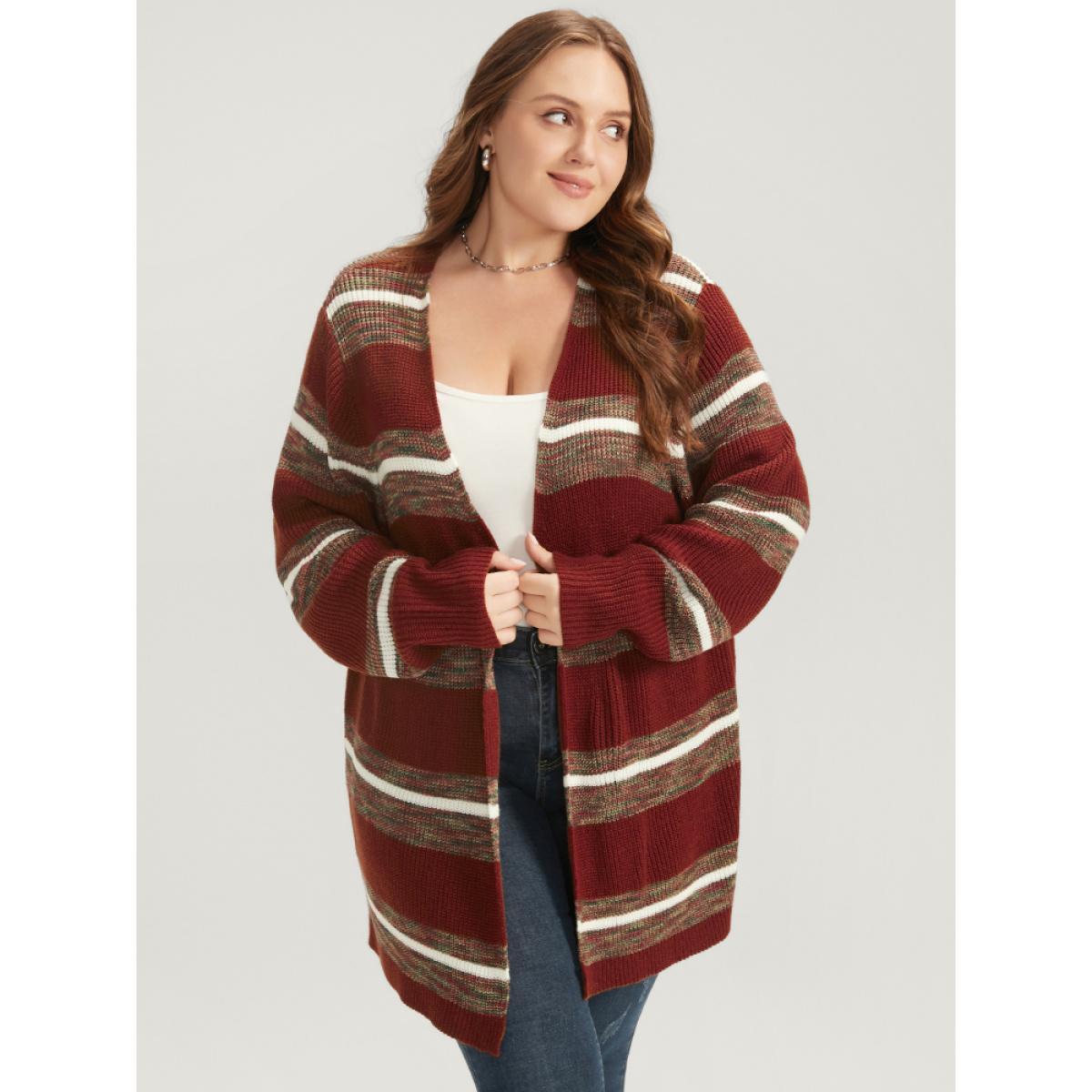 Plus Size Striped Contrast Pointelle Knit Open Front Heather Cardigan Burgundy Women Casual Loose Long Sleeve Dailywear Cardigans BloomChic 10/M Product Image