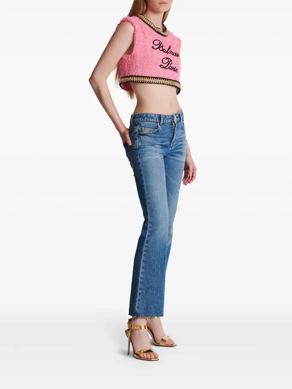 logo-embroidered tweed crop top Product Image