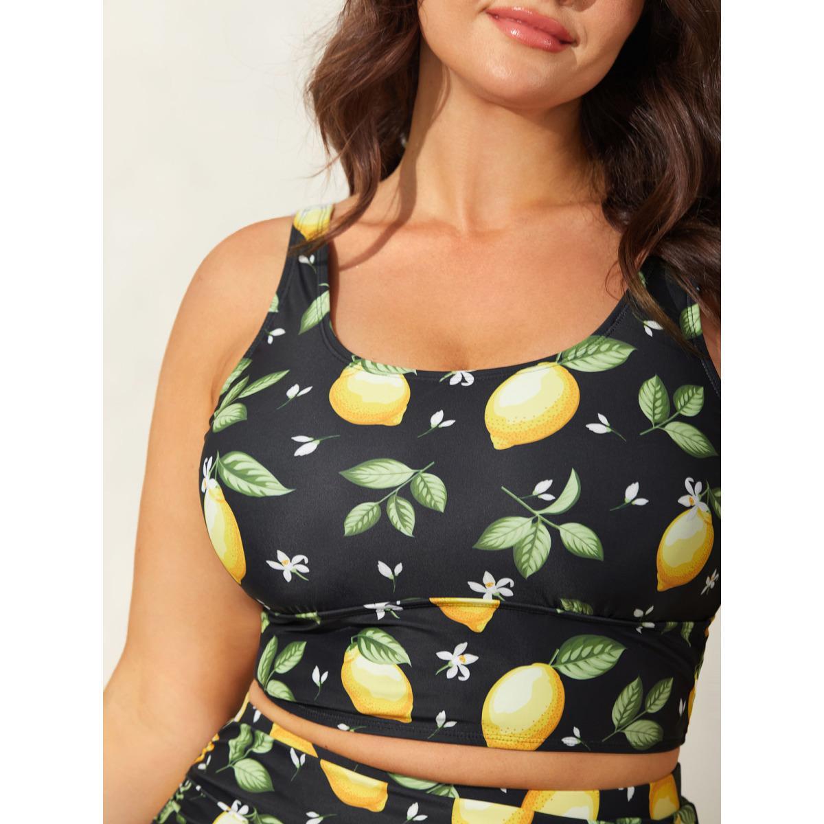 Plus Size Lemon Print Scoop Neck Swim Top Women's Swimwear Black Beach High stretch Skinny U-neck Curve Swim Tops BloomChic 14-16/1X Product Image