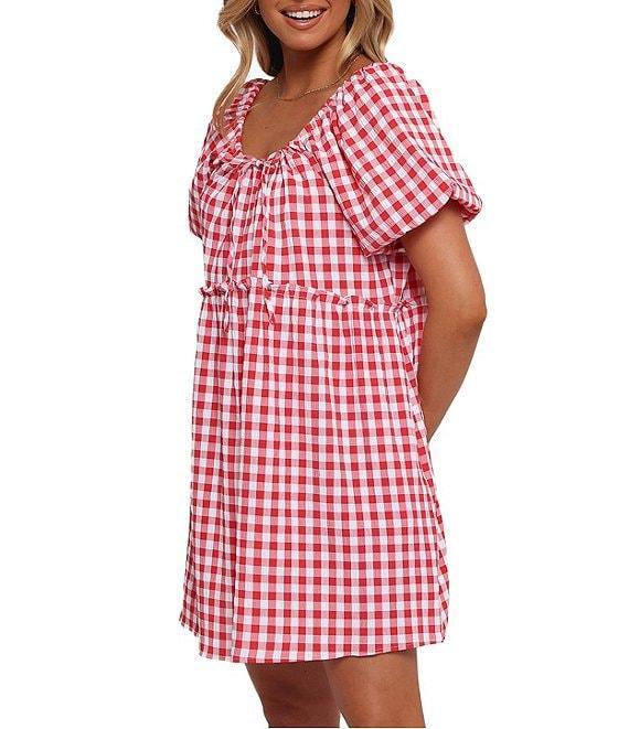Petal & Pup Dorothea Gingham Round Neck Short Puff Smocked Ruffle Hem Mini Babydoll Dress Product Image