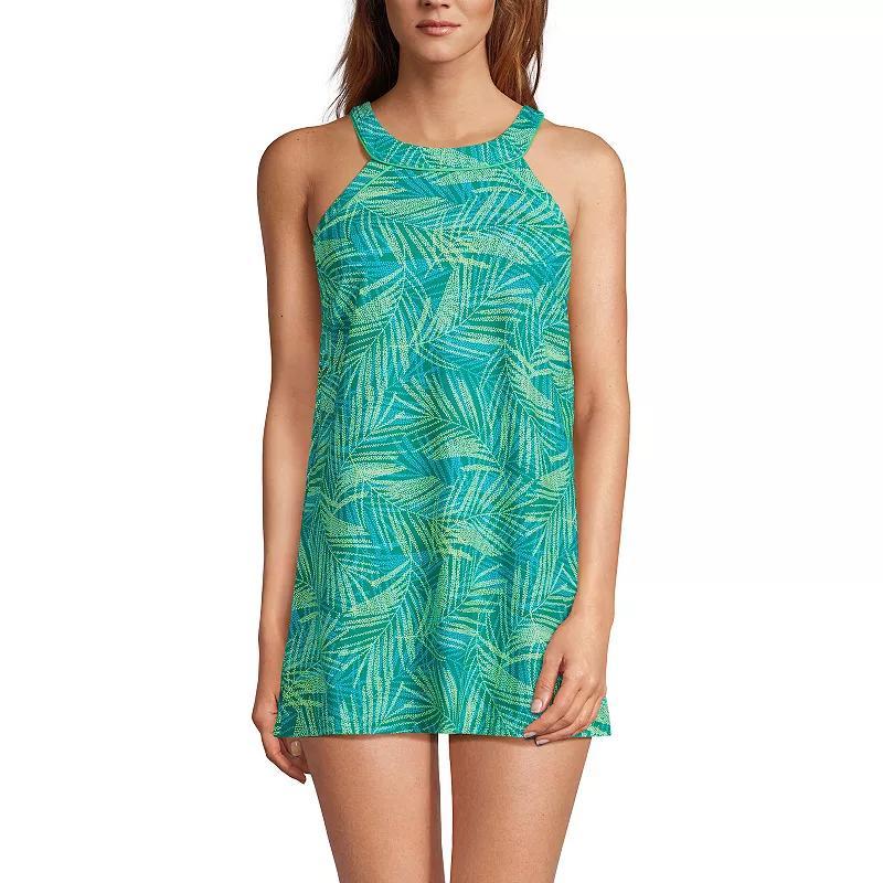 Womens Lands End UPF 50 High Neck One-Piece Swim Dress Blue Team Stripe Product Image