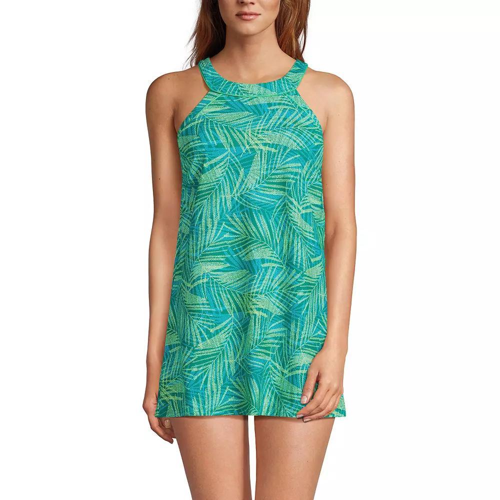 Womens Lands End UPF 50 High Neck One-Piece Swim Dress Blue Team Stripe Product Image