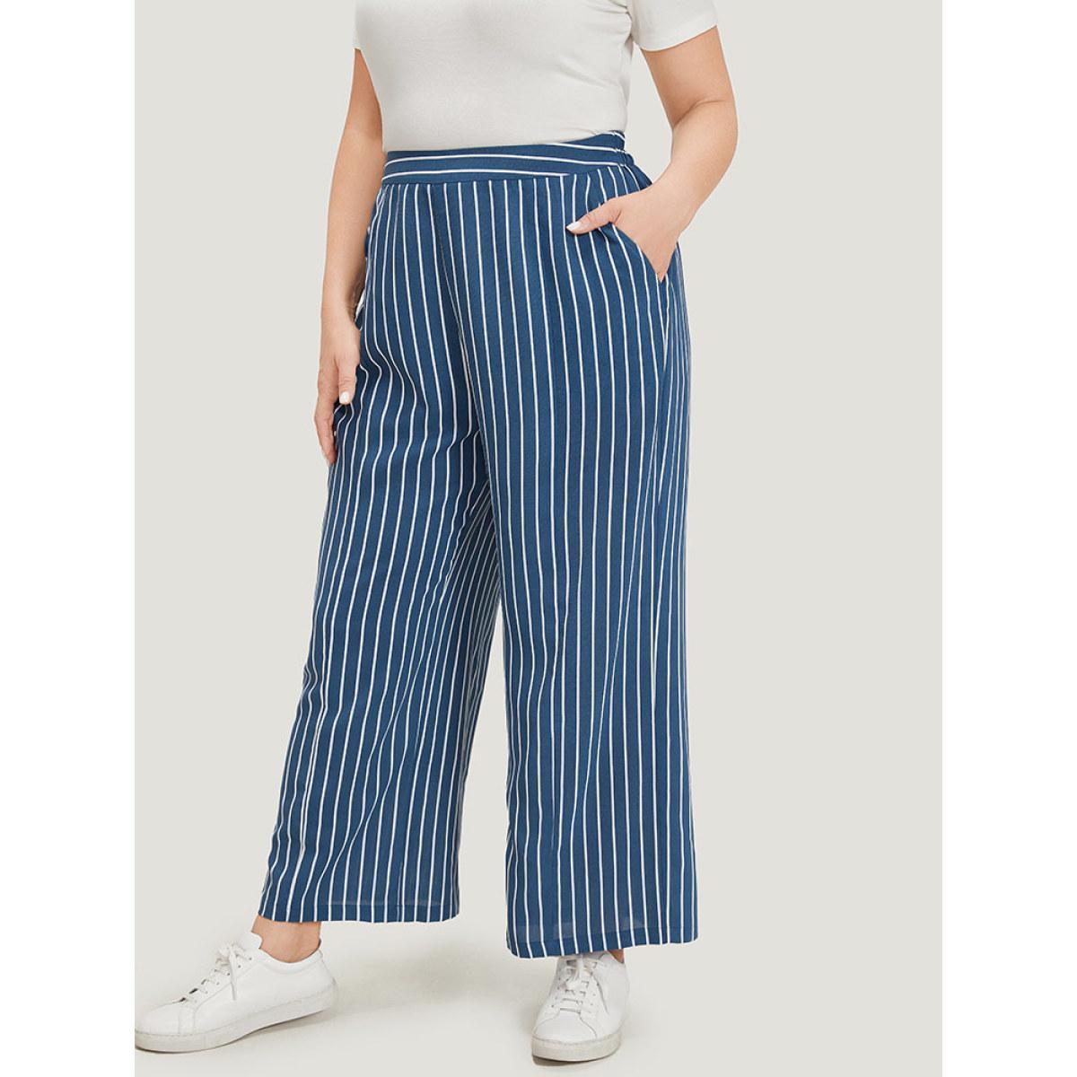 Plus Size Striped Print Loose Slant Pocket Pants Women Aegean Casual Straight Leg High Rise Dailywear Pants BloomChic 10/M Product Image