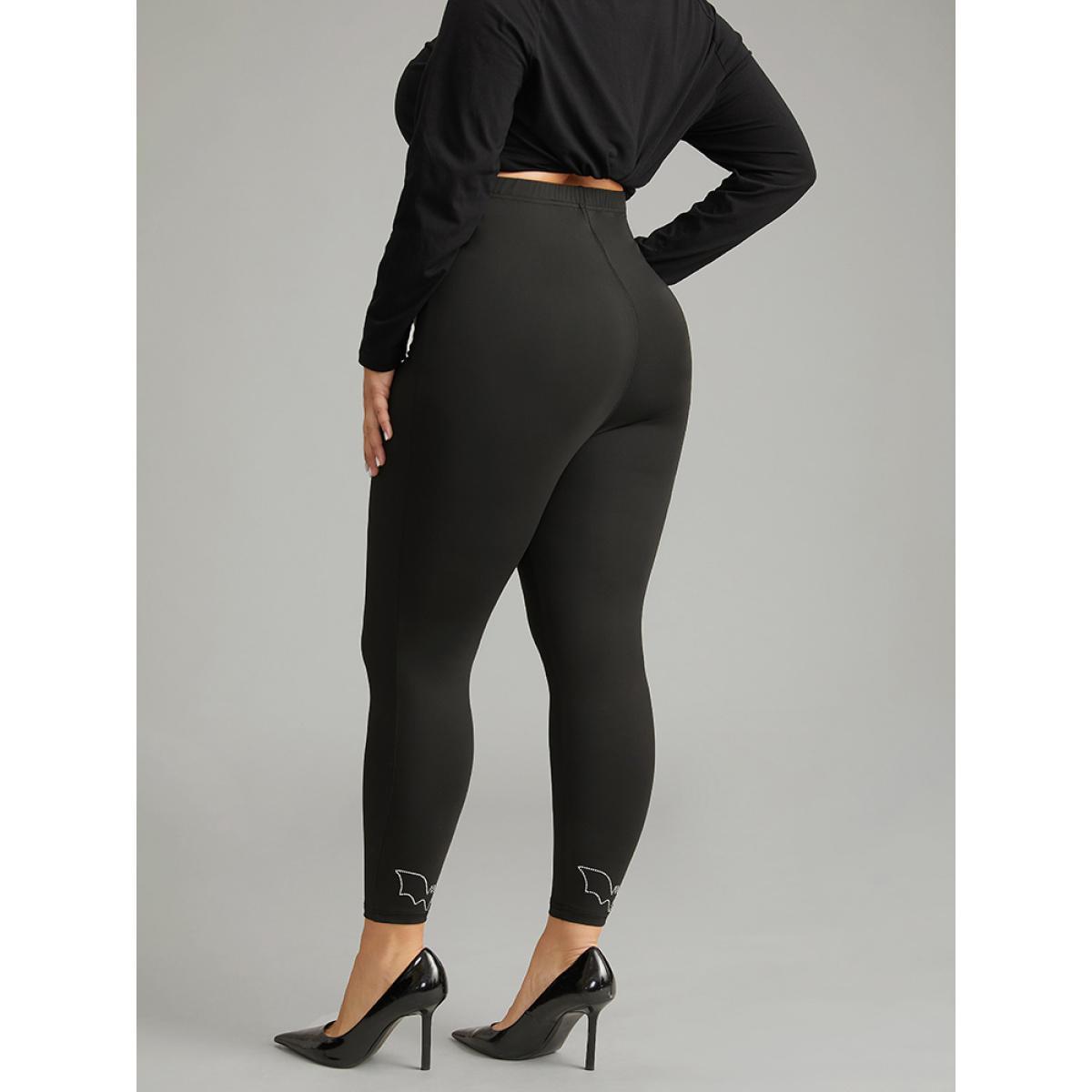 Plus Size Stretchy-Fit Rhinestone Elastic Waist Leggings Women Black Elegant High stretch Skinny High Rise Dailywear Leggings BloomChic 10/M Product Image