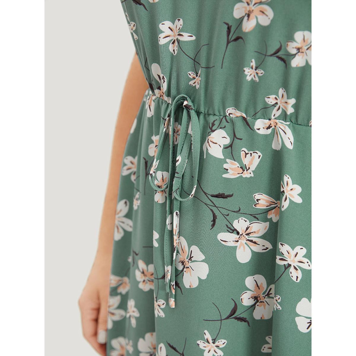 Plus Size Floral Elastic Waist Notched Pocket Ruffles Halter Dress Mint Women Elegant Patchwork Halter neck Sleeveless Curvy Knee Dress BloomChic 18-20/2X Product Image