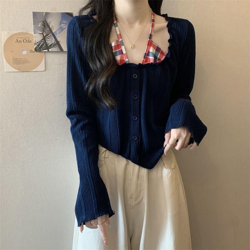 Scoop Neck Plain Mock Two-Piece Asymmetrical Ribbed T-Shirt Product Image