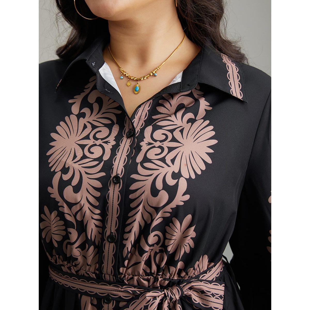 Plus Size Boho Print Shirt Collar Belted Dress Black Women Vacation Belted Shirt collar Long Sleeve Curvy Midi Dress BloomChic 18-20/2X Product Image