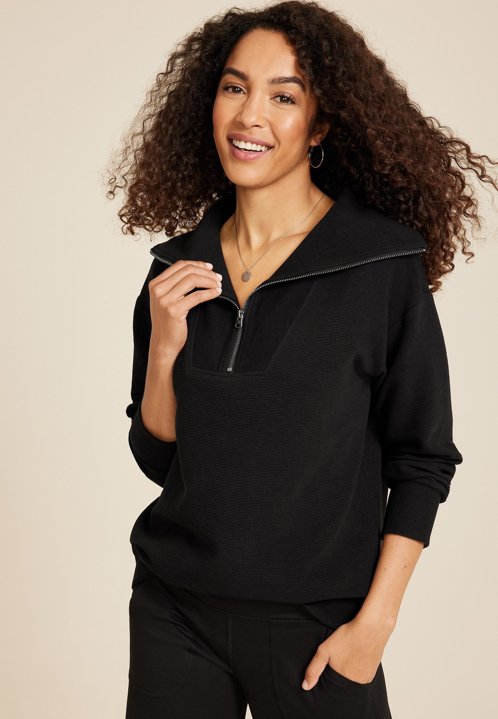 Ribbed Knit Shawl Collar Tunic Sweatshirt Product Image