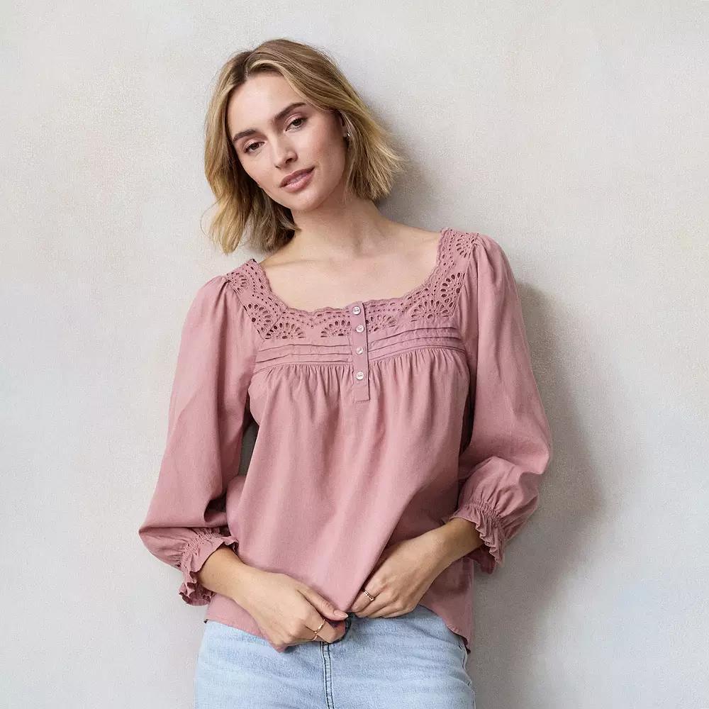 Womens LC Lauren Conrad Henley Puff Sleeve Peasant Top Young Green Product Image